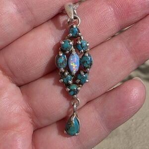 VTG Sterling Silver 925 Opal Turquoise Teardrop Pendant & Necklace Southwestern
